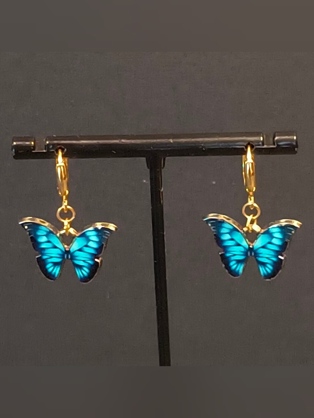 Blue Morpho Butterfly Dangle Huggie Hoop Earrings Gold Tone Enamel Drop